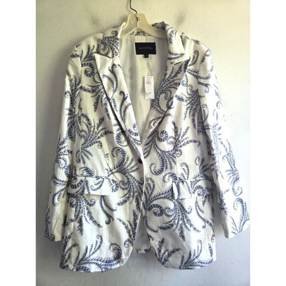 NWT Banana Republic "Long & Lean" Blue White Print Linen 1 Button Blazer size 14 - Picture 2 of 10